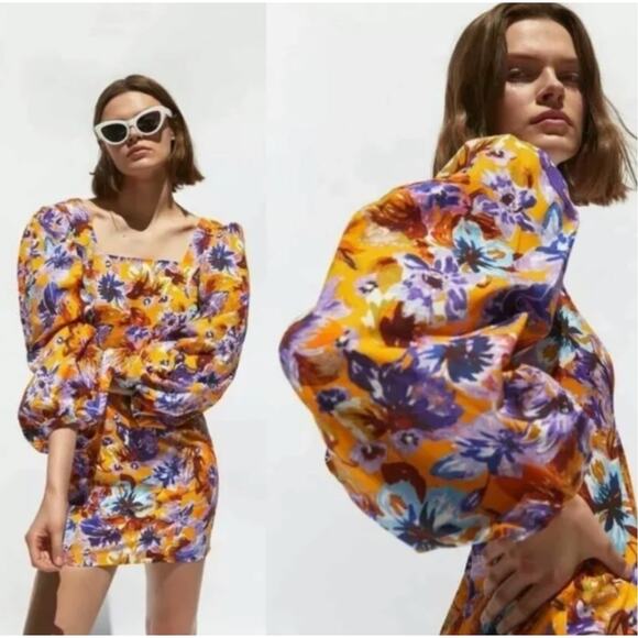 NWT Zara Camilla Puff Sleeve Mini Dress Size Medium Yellow Floral Long Sleeve - Picture 11 of 11